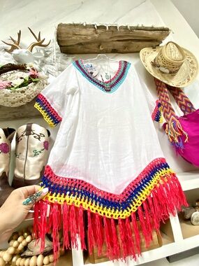 Granny fringe crochet boho tunic dress cover up w hippy Gypsy beach vibe